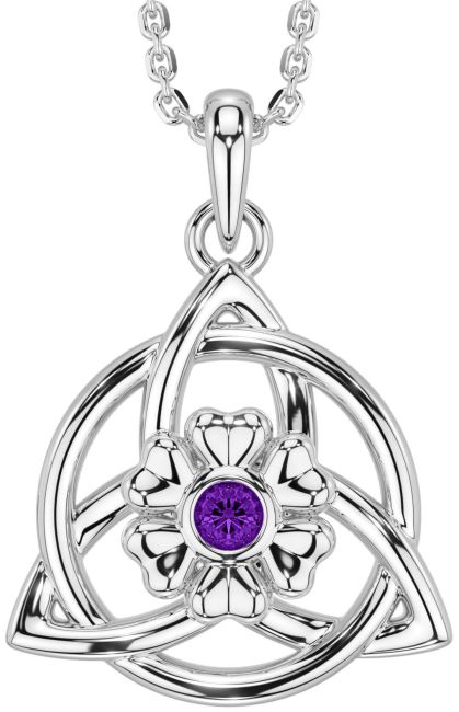Amethyst White Gold Celtic Trinity Knot Irish Flower Necklace