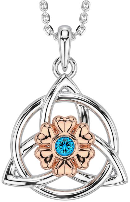 Topaz White Rose Gold Celtic Trinity Knot Irish Flower Necklace