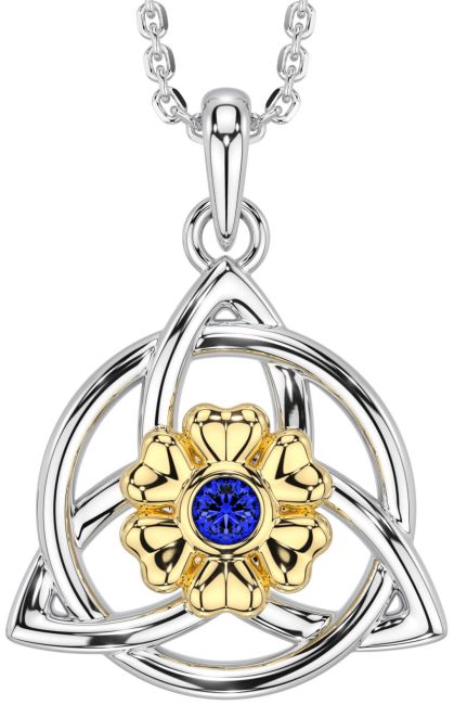 Sapphire White Yellow Gold Celtic Trinity Knot Irish Flower Necklace