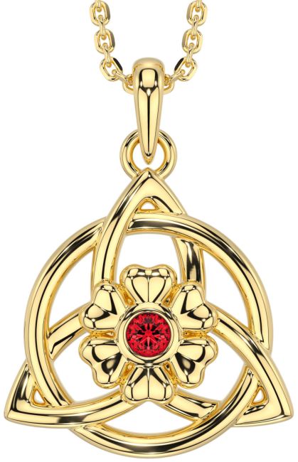 Ruby Gold Celtic Trinity Knot Irish Flower Necklace