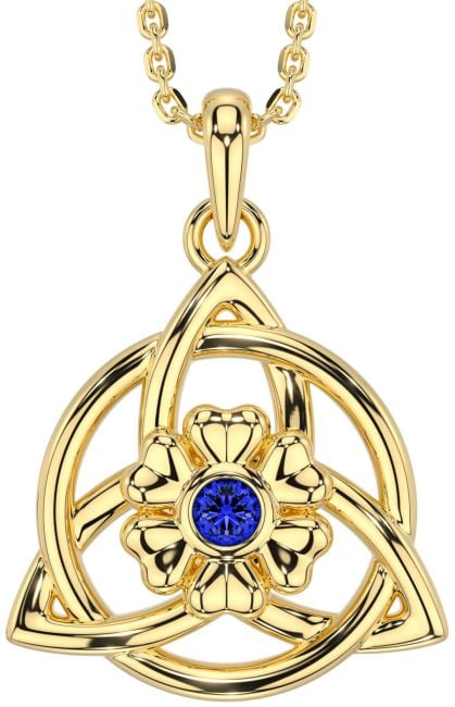 Sapphire Gold Celtic Trinity Knot Irish Flower Necklace