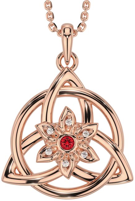 Diamond Ruby Rose Gold Silver Celtic Trinity Knot Irish Flower Necklace