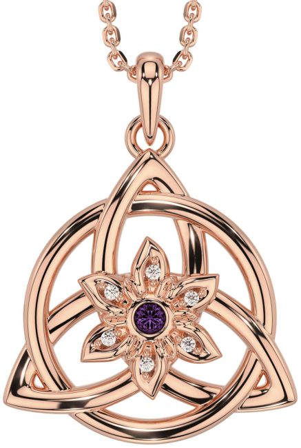 Diamond Alexandrite Rose Gold Celtic Trinity Knot Irish Flower Necklace