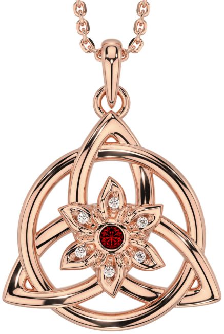 Diamond Garnet Rose Gold Celtic Trinity Knot Irish Flower Necklace
