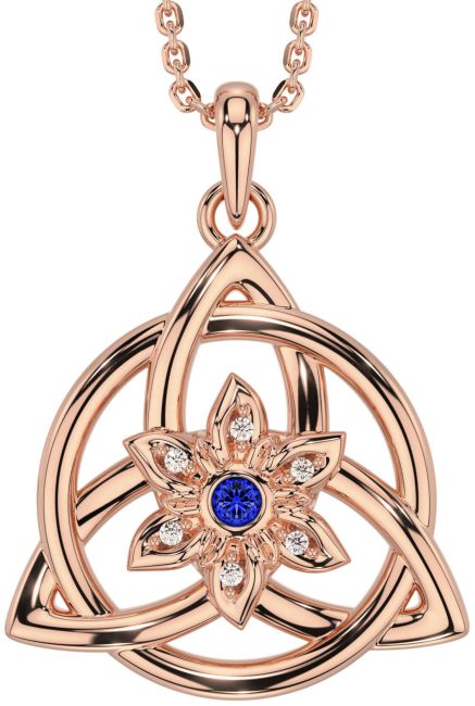 Diamond Sapphire Rose Gold Celtic Trinity Knot Irish Flower Necklace