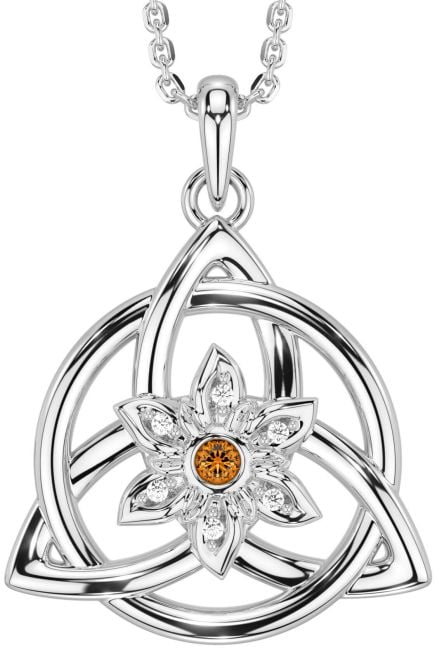 Diamond Citrine Silver Celtic Trinity Knot Irish Flower Necklace