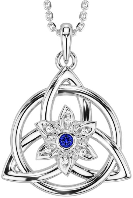 Diamond Sapphire Silver Celtic Trinity Knot Irish Flower Necklace