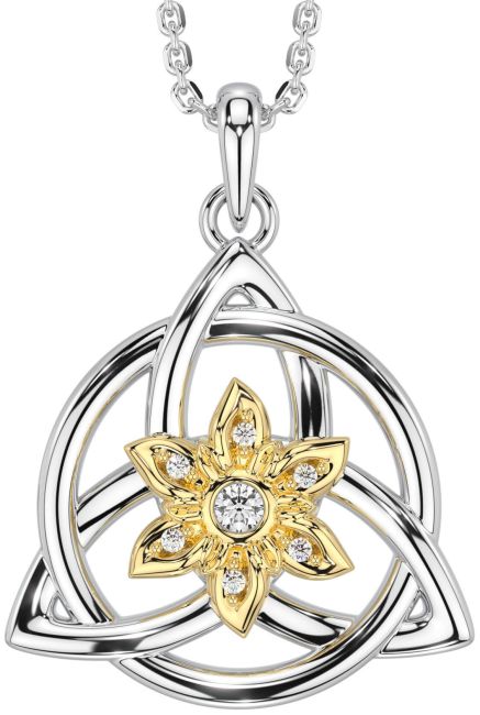 Diamond Gold Silver Celtic Trinity Knot Irish Flower Necklace