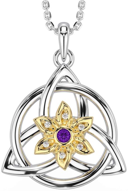 Diamond Amethyst White Yellow Gold Celtic Trinity Knot Irish Flower Necklace