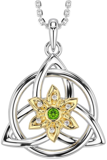 Diamond Peridot White Yellow Gold Celtic Trinity Knot Irish Flower Necklace