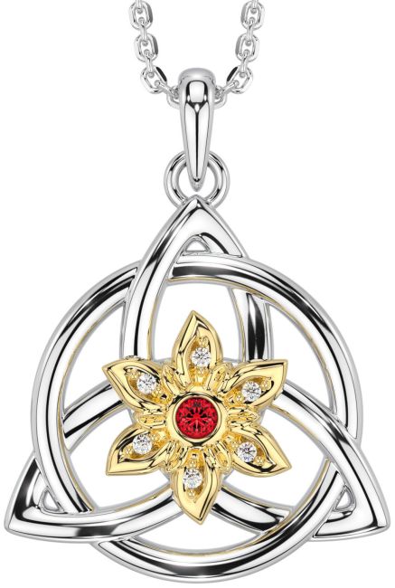 Diamond Ruby White Yellow Gold Celtic Trinity Knot Irish Flower Necklace