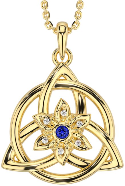 Diamond Sapphire Gold Celtic Trinity Knot Irish Flower Necklace
