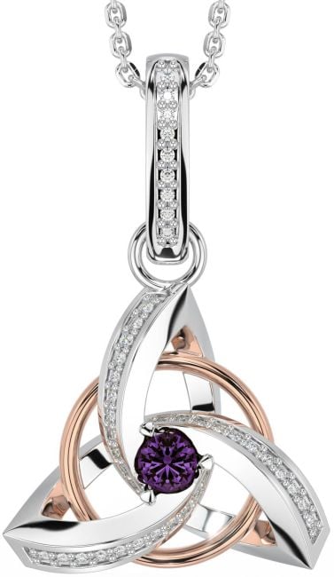 Diamond Alexandrite Rose Gold Silver Celtic Trinity Knot Necklace