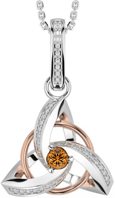 Diamond Citrine Rose Gold Silver Celtic Trinity Knot Necklace