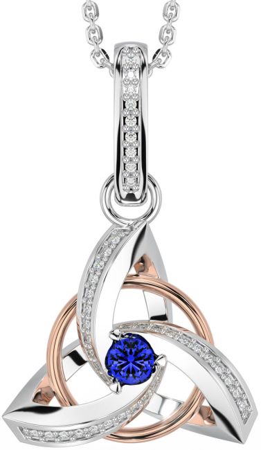 Diamond Sapphire Rose Gold Silver Celtic Trinity Knot Necklace