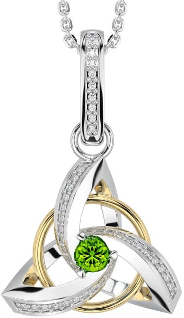 Diamond Peridot Gold Silver Celtic Trinity Knot Necklace