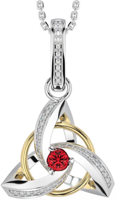 Diamond Ruby Gold Silver Celtic Trinity Knot Necklace