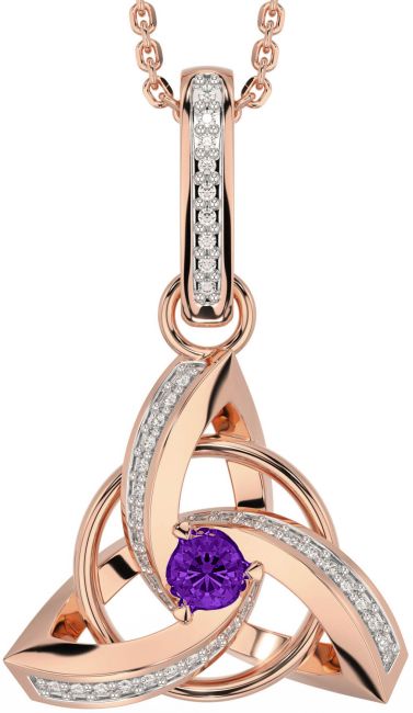 Diamond Amethyst Rose Gold Celtic Trinity Knot Necklace