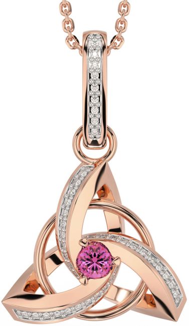 Diamond Pink Tourmaline Rose Gold Celtic Trinity Knot Necklace