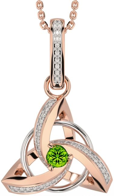 Diamond Peridot White Rose Gold Celtic Trinity Knot Necklace