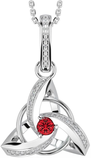 Diamond Ruby Silver Celtic Trinity Knot Necklace