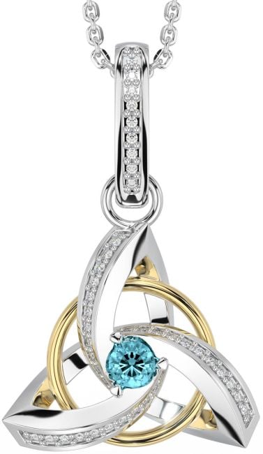 Diamond Aquamarine White Yellow Gold Celtic Trinity Knot Necklace