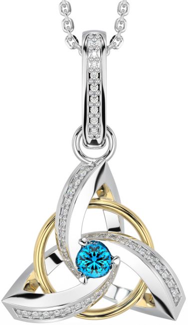 Diamond Topaz White Yellow Gold Celtic Trinity Knot Necklace