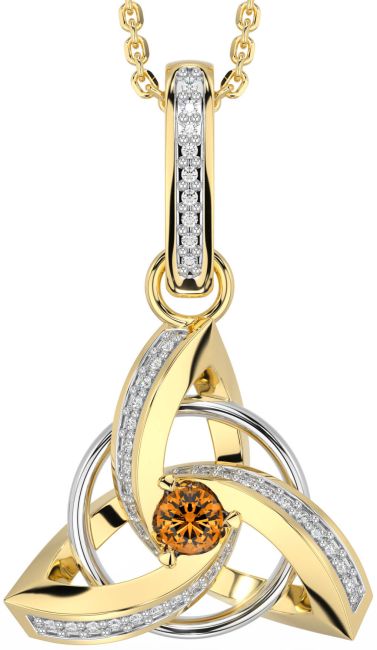 Diamond Citrine White Yellow Gold Celtic Trinity Knot Necklace
