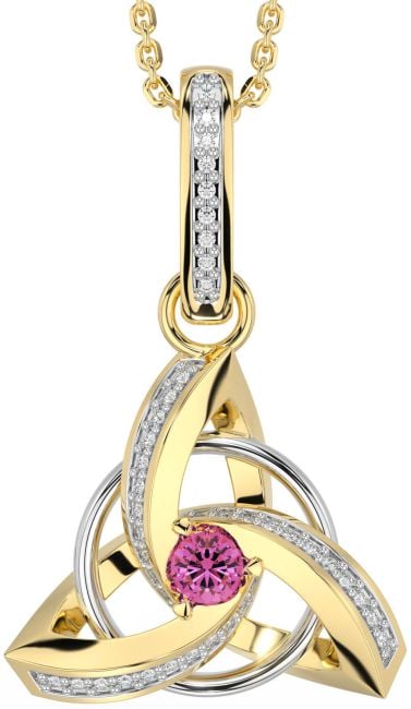 Diamond Pink Tourmaline White Yellow Gold Celtic Trinity Knot Necklace