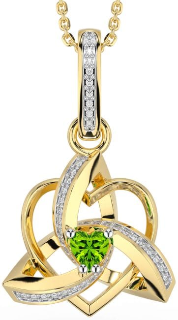 Diamond Peridot Gold Silver Celtic Trinity Heart Knot Necklace