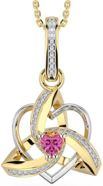 Diamond Pink Tourmaline Gold Silver Celtic Trinity Heart Knot Necklace