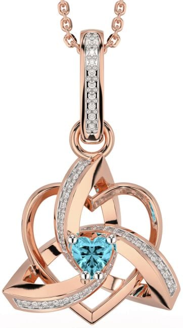Diamond Aquamarine Rose Gold Celtic Trinity Heart Knot Necklace