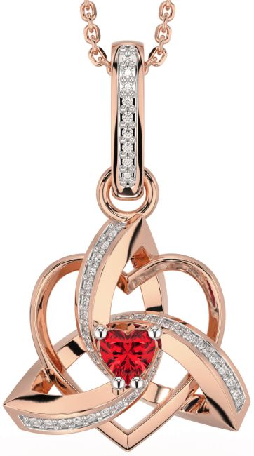 Diamond Ruby Rose Gold Celtic Trinity Heart Knot Necklace