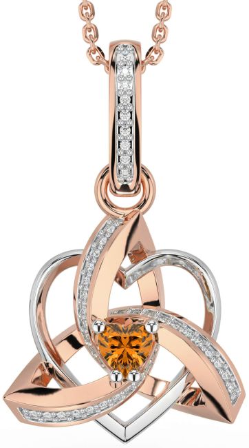 Diamond Citrine White Rose Gold Celtic Trinity Heart Knot Necklace