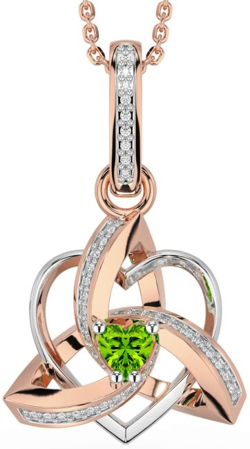 Diamond Peridot White Rose Gold Celtic Trinity Heart Knot Necklace