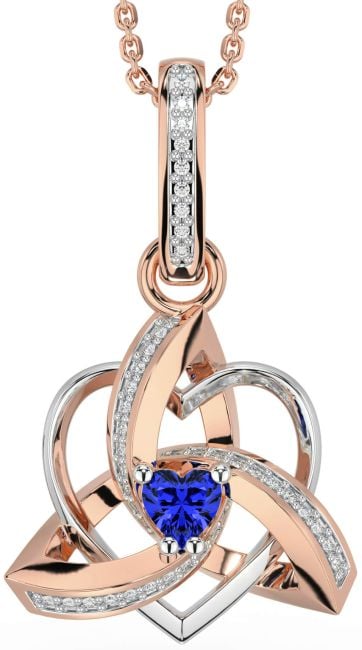 Diamond Sapphire White Rose Gold Celtic Trinity Heart Knot Necklace