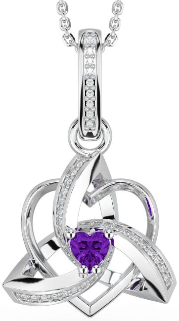 Diamond Amethyst White Gold Celtic Trinity Heart Knot Necklace