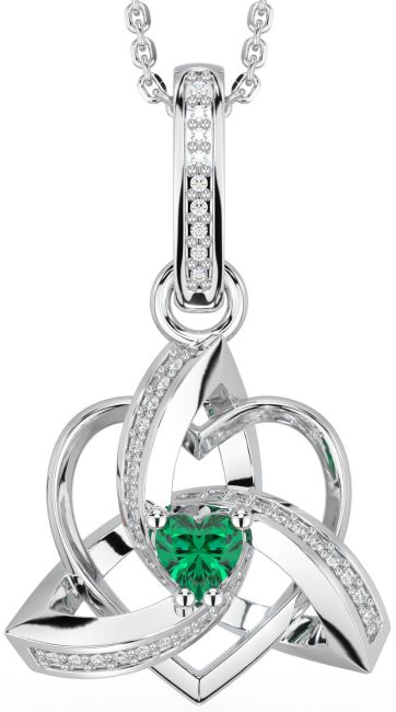 Diamond Emerald White Gold Celtic Trinity Heart Knot Necklace