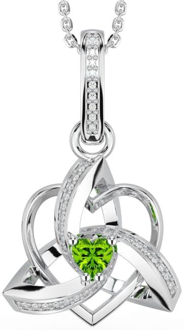 Diamond Peridot White Gold Celtic Trinity Heart Knot Necklace
