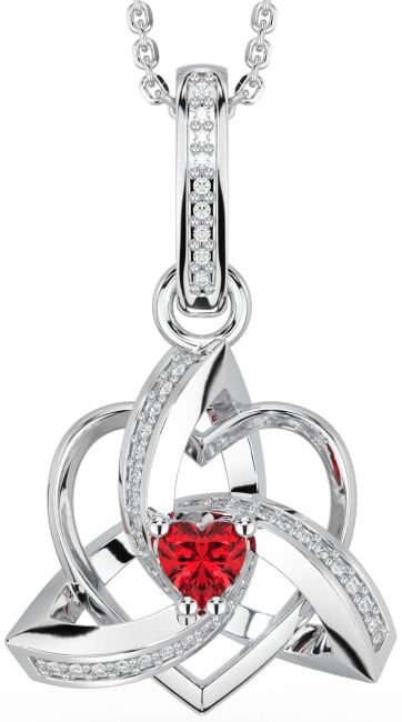 Diamond Ruby White Gold Celtic Trinity Heart Knot Necklace