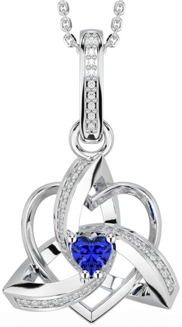 Diamond Sapphire White Gold Celtic Trinity Heart Knot Necklace