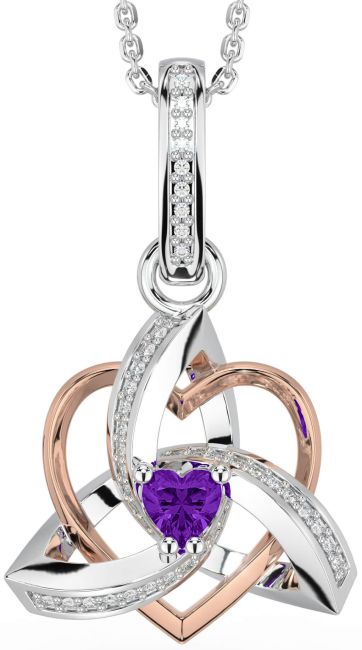 Diamond Amethyst White Rose Gold Celtic Trinity Heart Knot Necklace