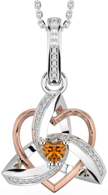 Diamond Citrine White Rose Gold Celtic Trinity Heart Knot Necklace