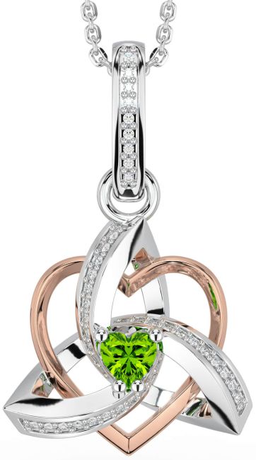 Diamond Peridot White Rose Gold Celtic Trinity Heart Knot Necklace