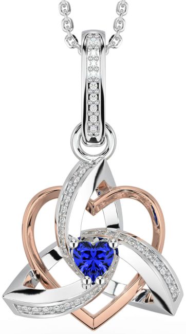 Diamond Sapphire White Rose Gold Celtic Trinity Heart Knot Necklace