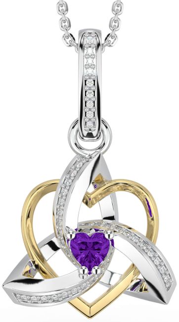 Diamond Amethyst White Yellow Gold Celtic Trinity Heart Knot Necklace