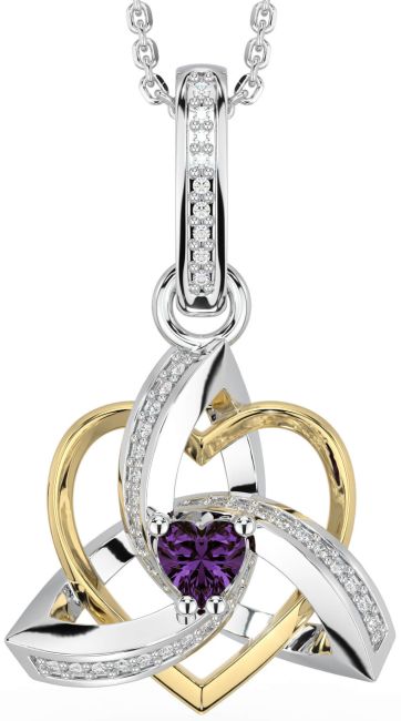 Diamond Alexandrite White Yellow Gold Celtic Trinity Heart Knot Necklace
