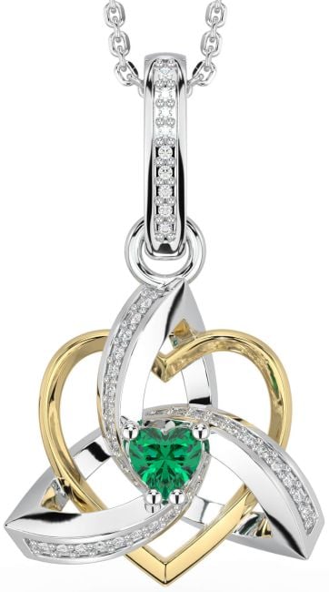 Diamond Emerald White Yellow Gold Celtic Trinity Heart Knot Necklace