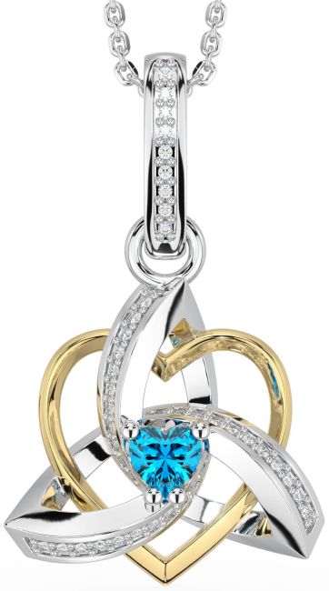 Diamond Topaz White Yellow Gold Celtic Trinity Heart Knot Necklace