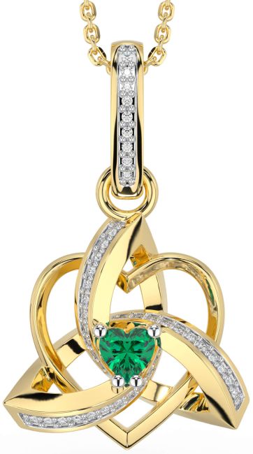 Diamond Emerald Gold Celtic Trinity Heart Knot Necklace